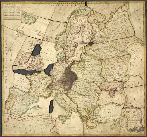 "Spilsbury jigsaw - John Spilsbury, 1766 - BL" by Creator:John Spilsbury - Image taken from Europe divided into its kingdoms &amp;c. by J. Spilsbury Originally published/produced in London, 1766."